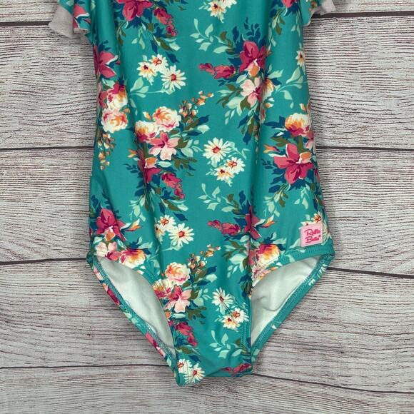 Ruffle Butts Girls Teal Fancy Me Floral Ruffle Bow One Piece Swimsuit Size 6 - Picture 8 of 9